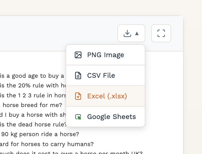 Export options - PNG, CSV, Excel, Google Sheets